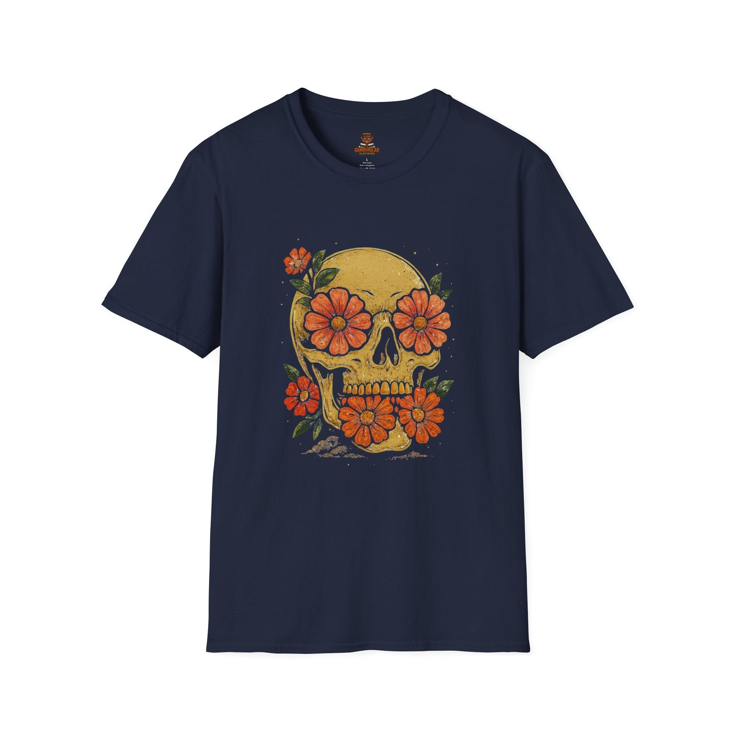 Floral Skull Unisex Softstyle T-Shirt | Edgy Graphic Tee for Festivals, Halloween & Everyday Wear, Boho Clothing, Unique Gift Idea