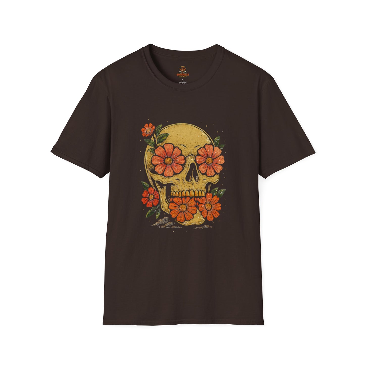 Floral Skull Unisex Softstyle T-Shirt | Edgy Graphic Tee for Festivals, Halloween & Everyday Wear, Boho Clothing, Unique Gift Idea
