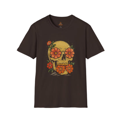 Floral Skull Unisex Softstyle T-Shirt | Edgy Graphic Tee for Festivals, Halloween & Everyday Wear, Boho Clothing, Unique Gift Idea