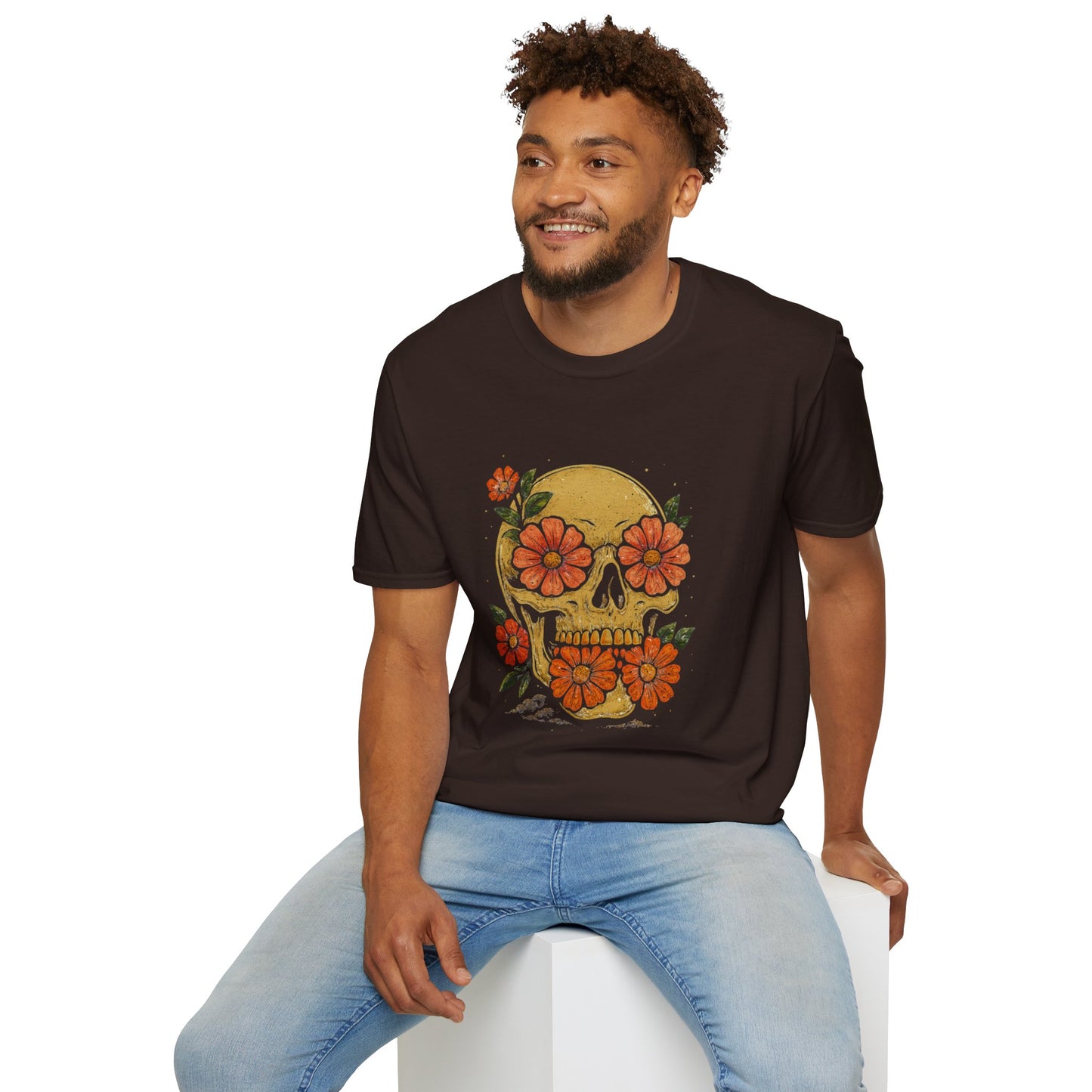Floral Skull Unisex Softstyle T-Shirt | Edgy Graphic Tee for Festivals, Halloween & Everyday Wear, Boho Clothing, Unique Gift Idea