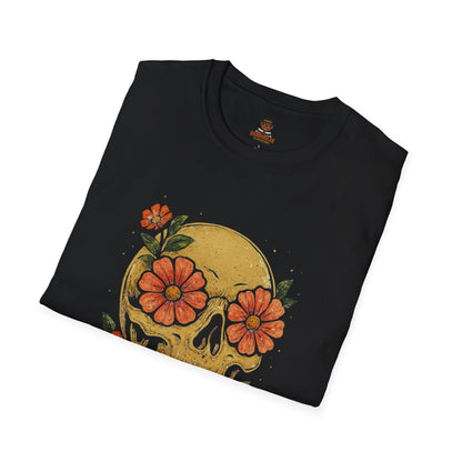 Floral Skull Unisex Softstyle T-Shirt | Edgy Graphic Tee for Festivals, Halloween & Everyday Wear, Boho Clothing, Unique Gift Idea