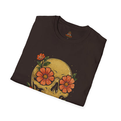 Floral Skull Unisex Softstyle T-Shirt | Edgy Graphic Tee for Festivals, Halloween & Everyday Wear, Boho Clothing, Unique Gift Idea