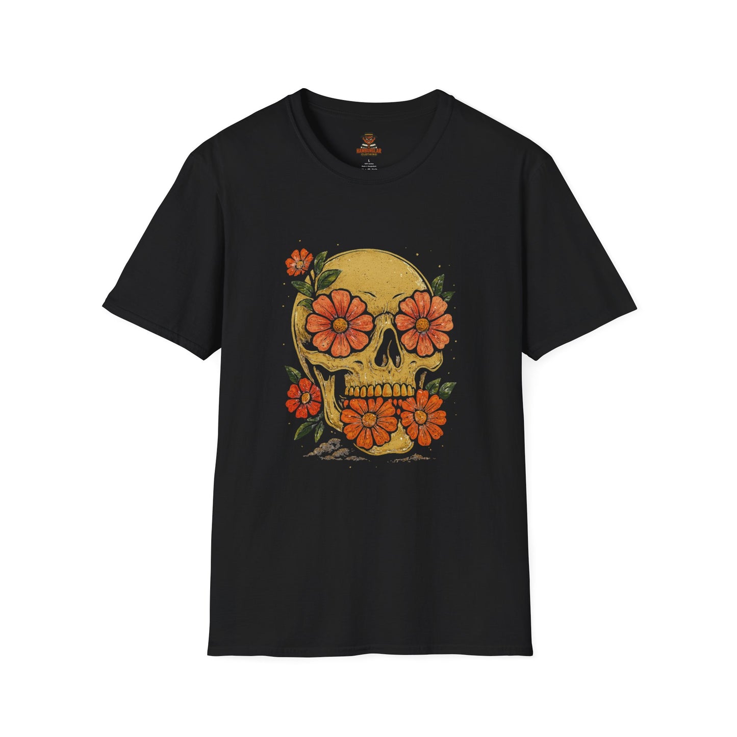 Floral Skull Unisex Softstyle T-Shirt | Edgy Graphic Tee for Festivals, Halloween & Everyday Wear, Boho Clothing, Unique Gift Idea