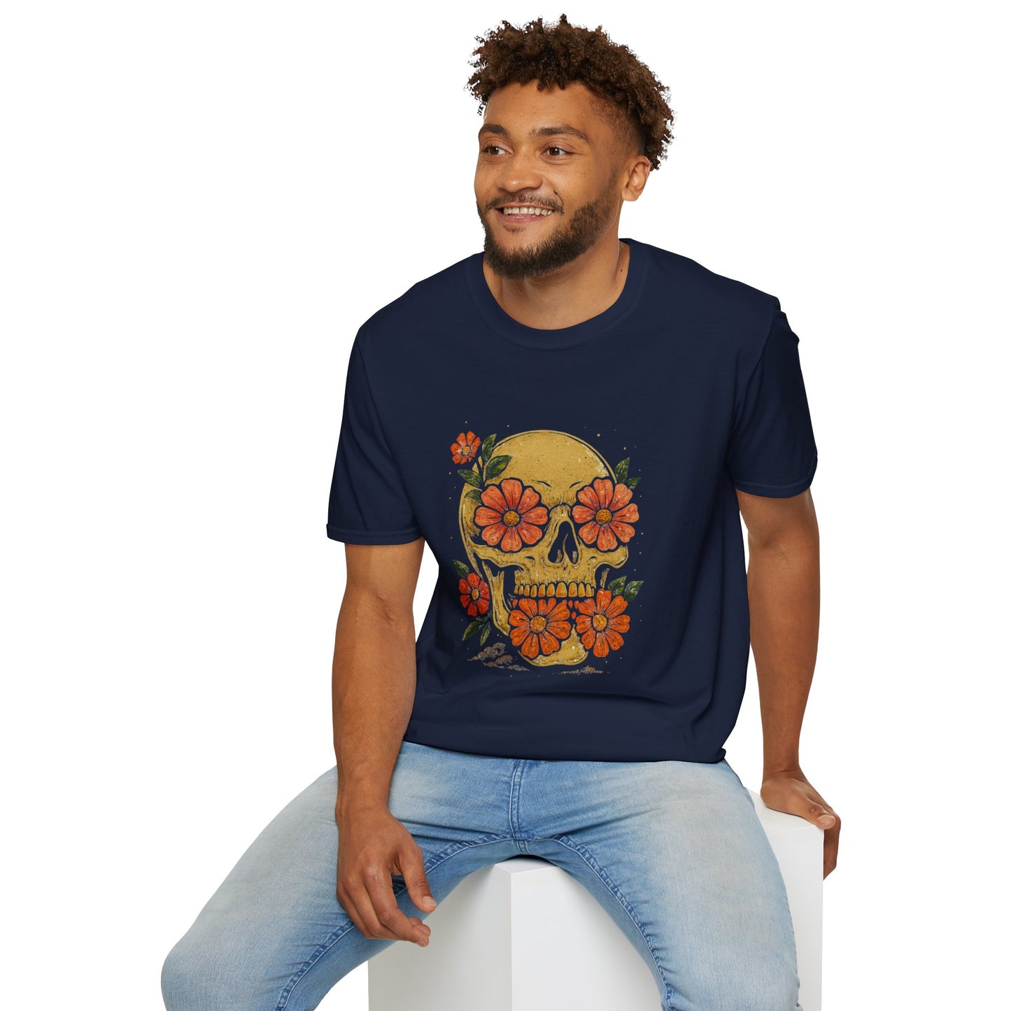 Floral Skull Unisex Softstyle T-Shirt | Edgy Graphic Tee for Festivals, Halloween & Everyday Wear, Boho Clothing, Unique Gift Idea