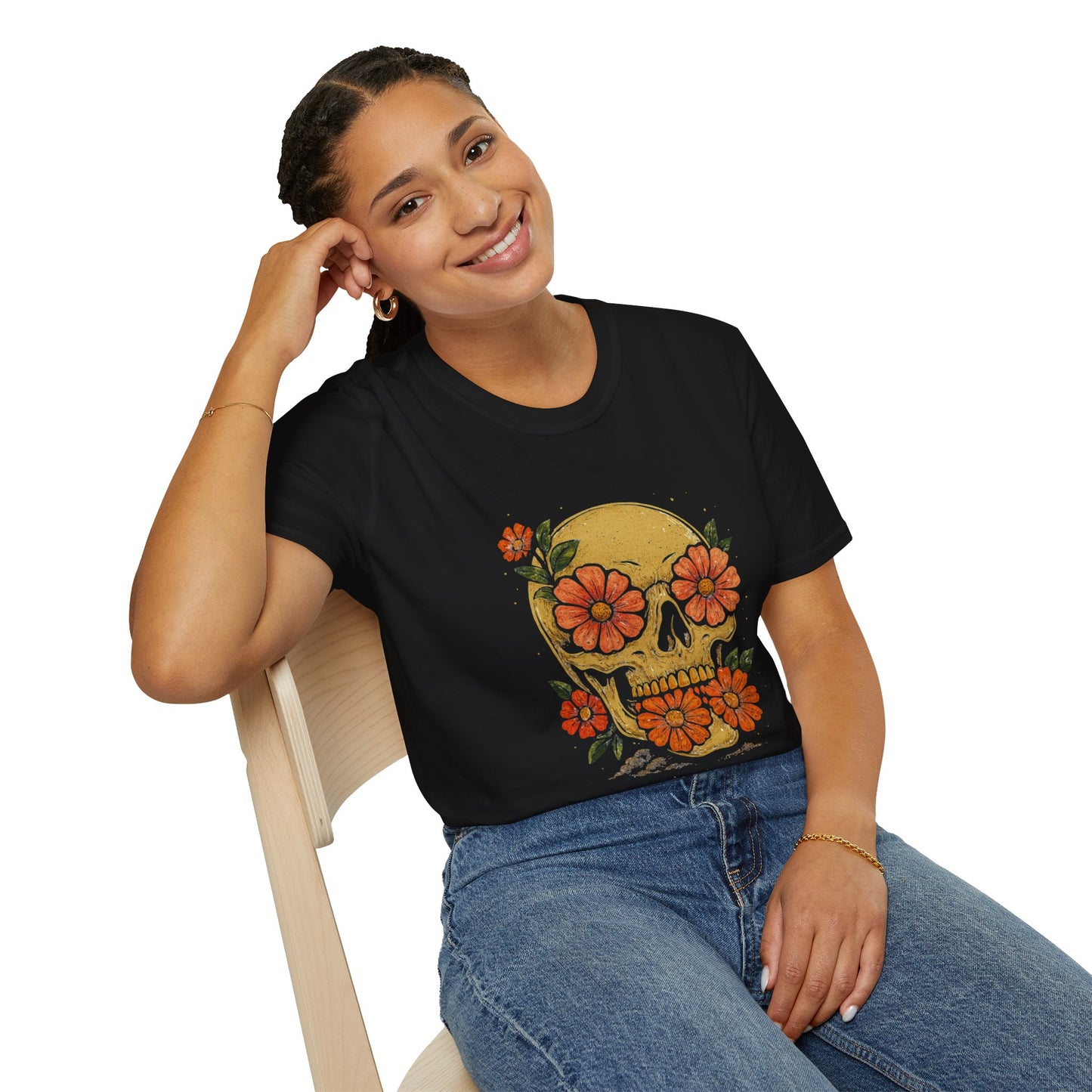 Floral Skull Unisex Softstyle T-Shirt | Edgy Graphic Tee for Festivals, Halloween & Everyday Wear, Boho Clothing, Unique Gift Idea