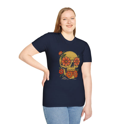 Floral Skull Unisex Softstyle T-Shirt | Edgy Graphic Tee for Festivals, Halloween & Everyday Wear, Boho Clothing, Unique Gift Idea