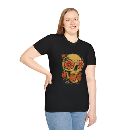 Floral Skull Unisex Softstyle T-Shirt | Edgy Graphic Tee for Festivals, Halloween & Everyday Wear, Boho Clothing, Unique Gift Idea