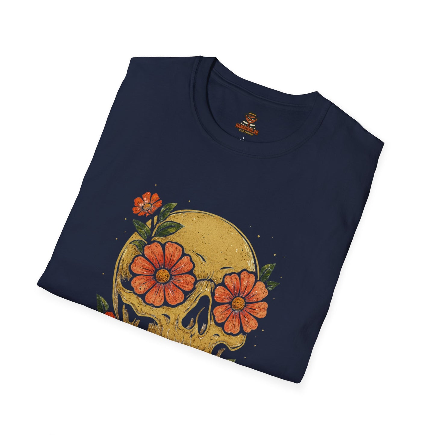 Floral Skull Unisex Softstyle T-Shirt | Edgy Graphic Tee for Festivals, Halloween & Everyday Wear, Boho Clothing, Unique Gift Idea